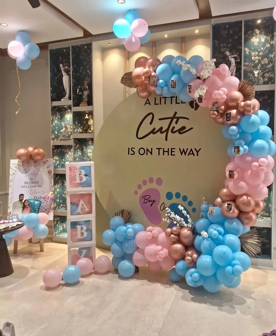 Baby Shower Theme with balloons, baby boxes, Artificial Leaves & Flowers and 2 LED lights.