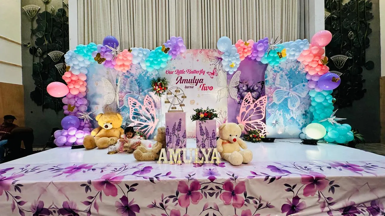 Pastel stage with teddy bears and butterflies