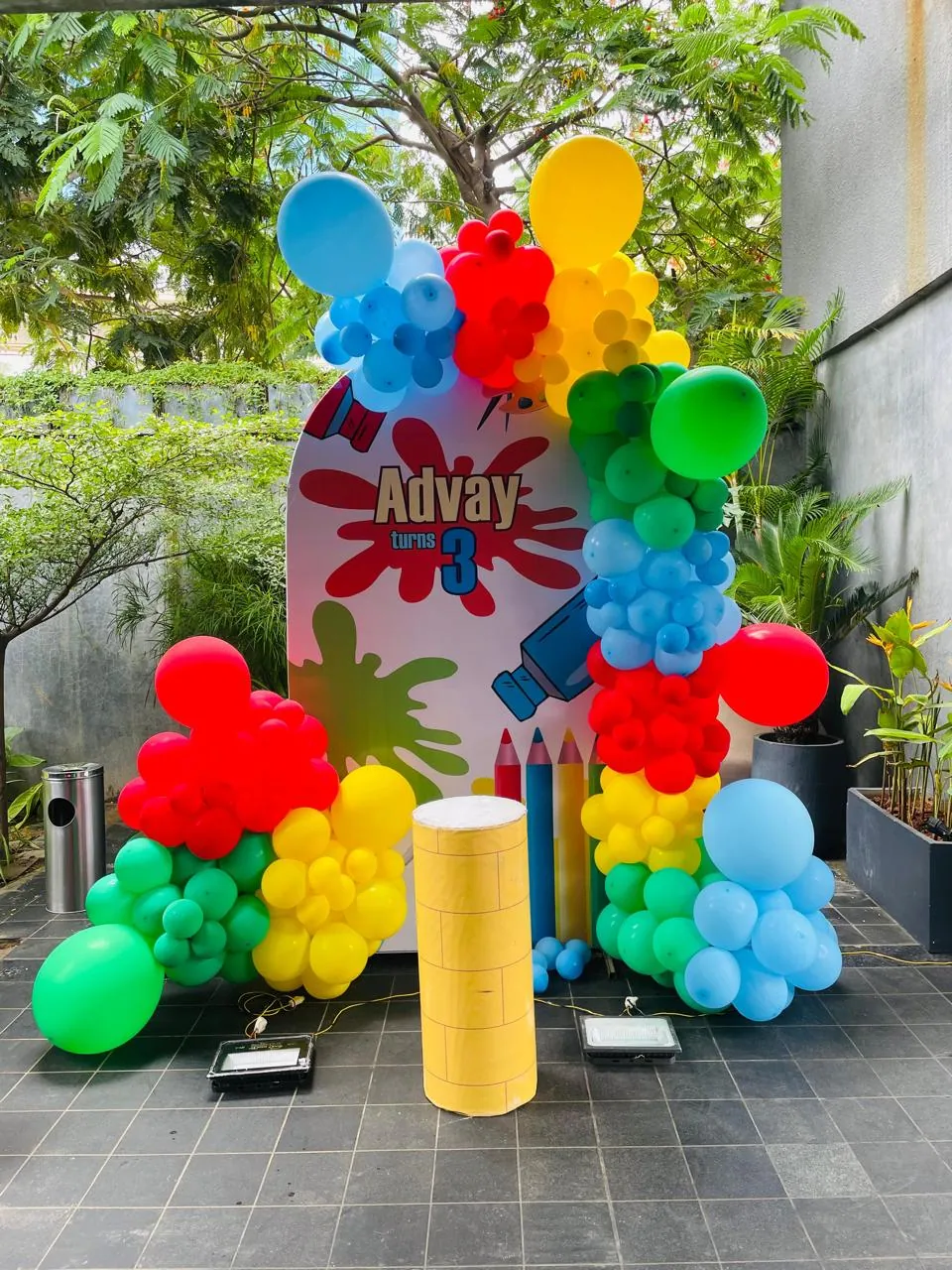 Bright primary coloured art themed birthday setup