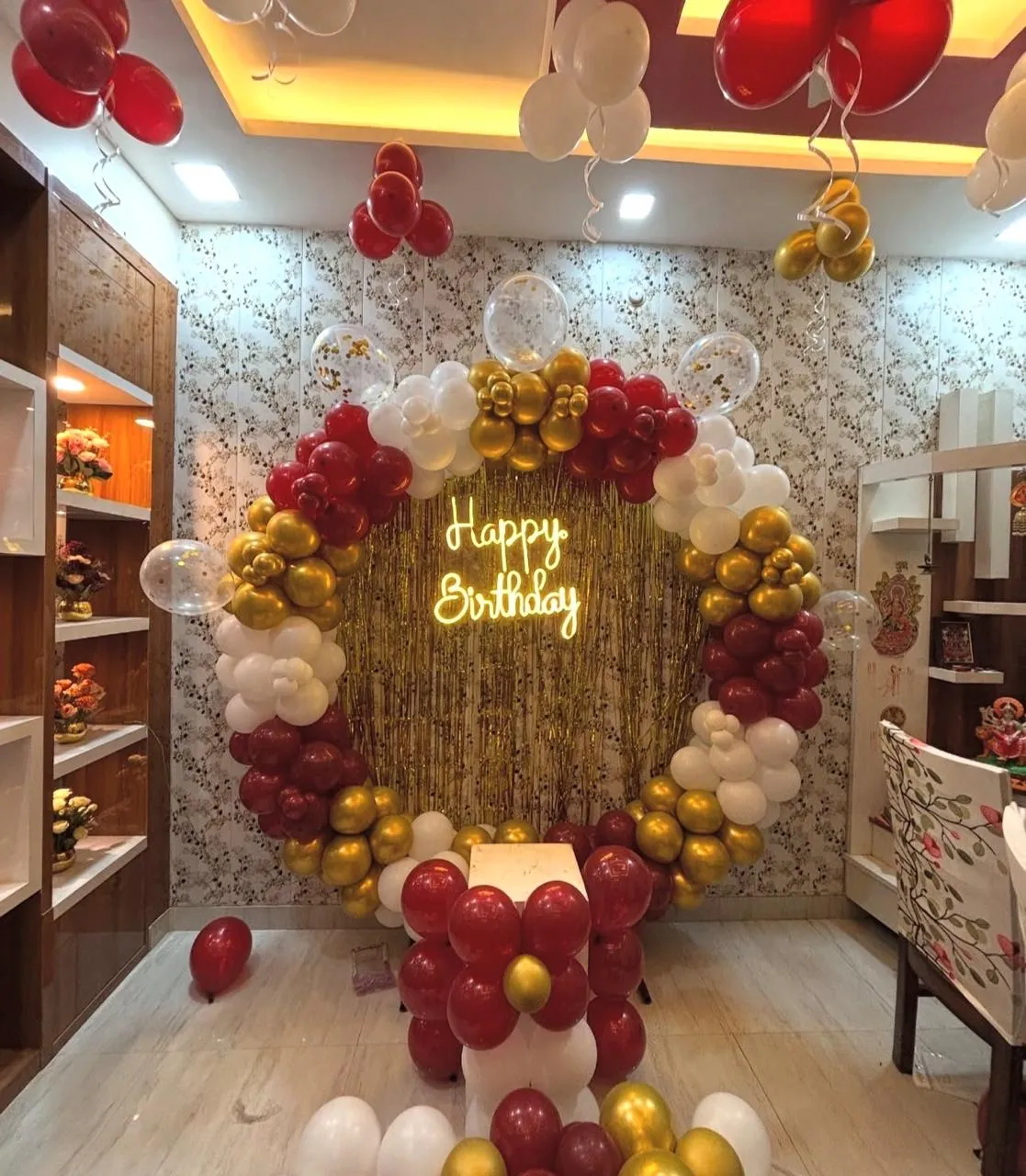Simple & Elegant Theme ring decor with balloons , Happy Birthday neon light , cake stand and table and 2 LED lights